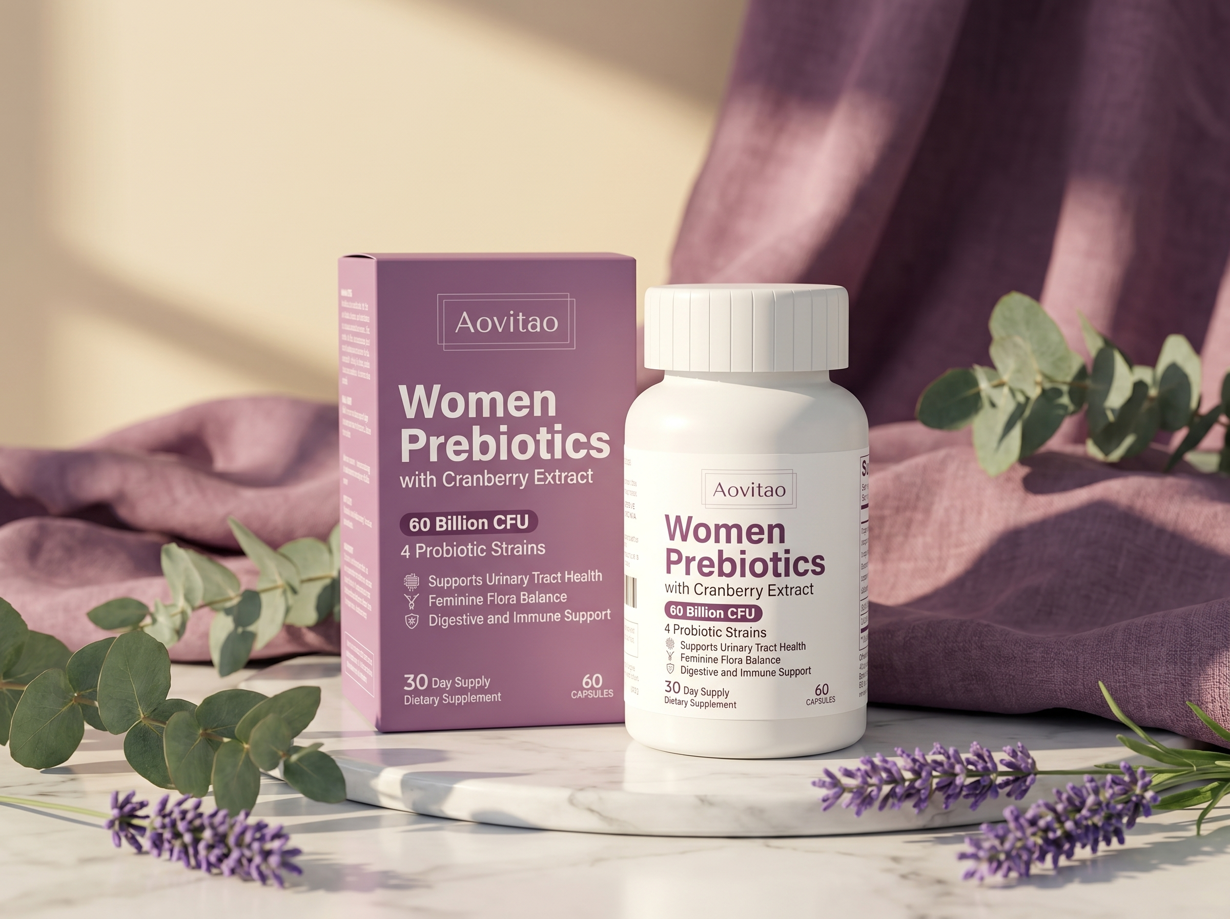 Woman holding Aovitao Women Prebiotics bottle